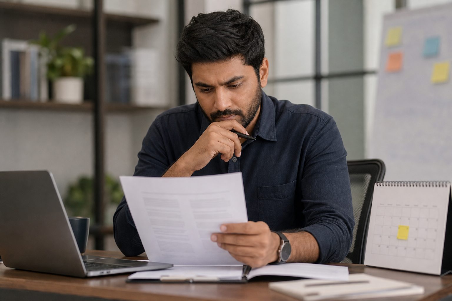 A founder reviewing a printed contract at a desk with a calendar visible showing a highlighted date for notice period