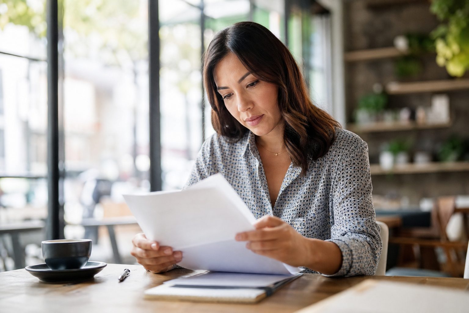 A small-business owner reviewing a printed lease agreement at a café table with natural light and a coffee cup nearby