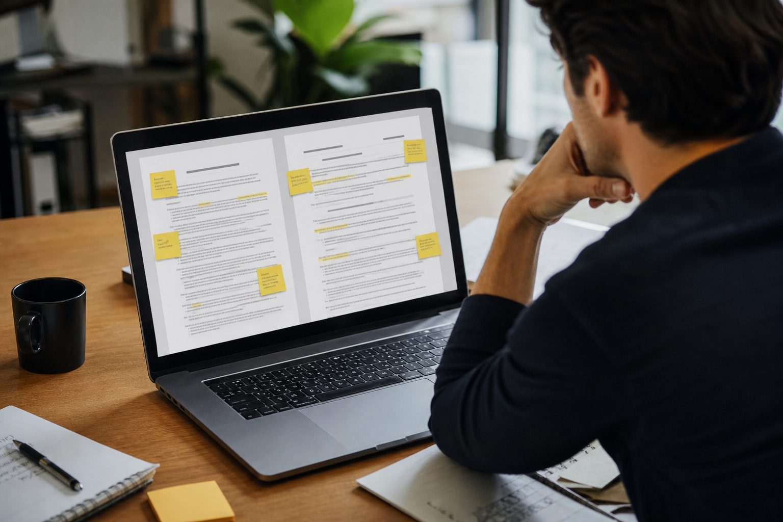 A startup founder reviews a printed contract on a laptop screen with sticky notes highlighting conflicting clauses between an order form