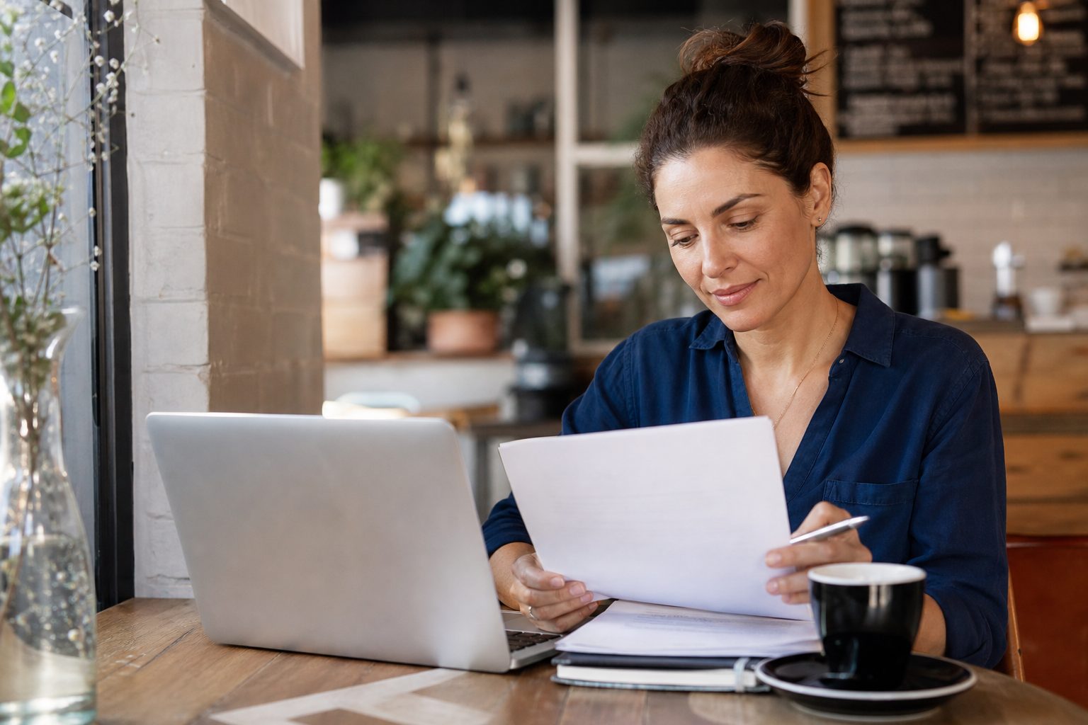 A small business owner reviewing a printed contract at a café table with a laptop and coffee nearby