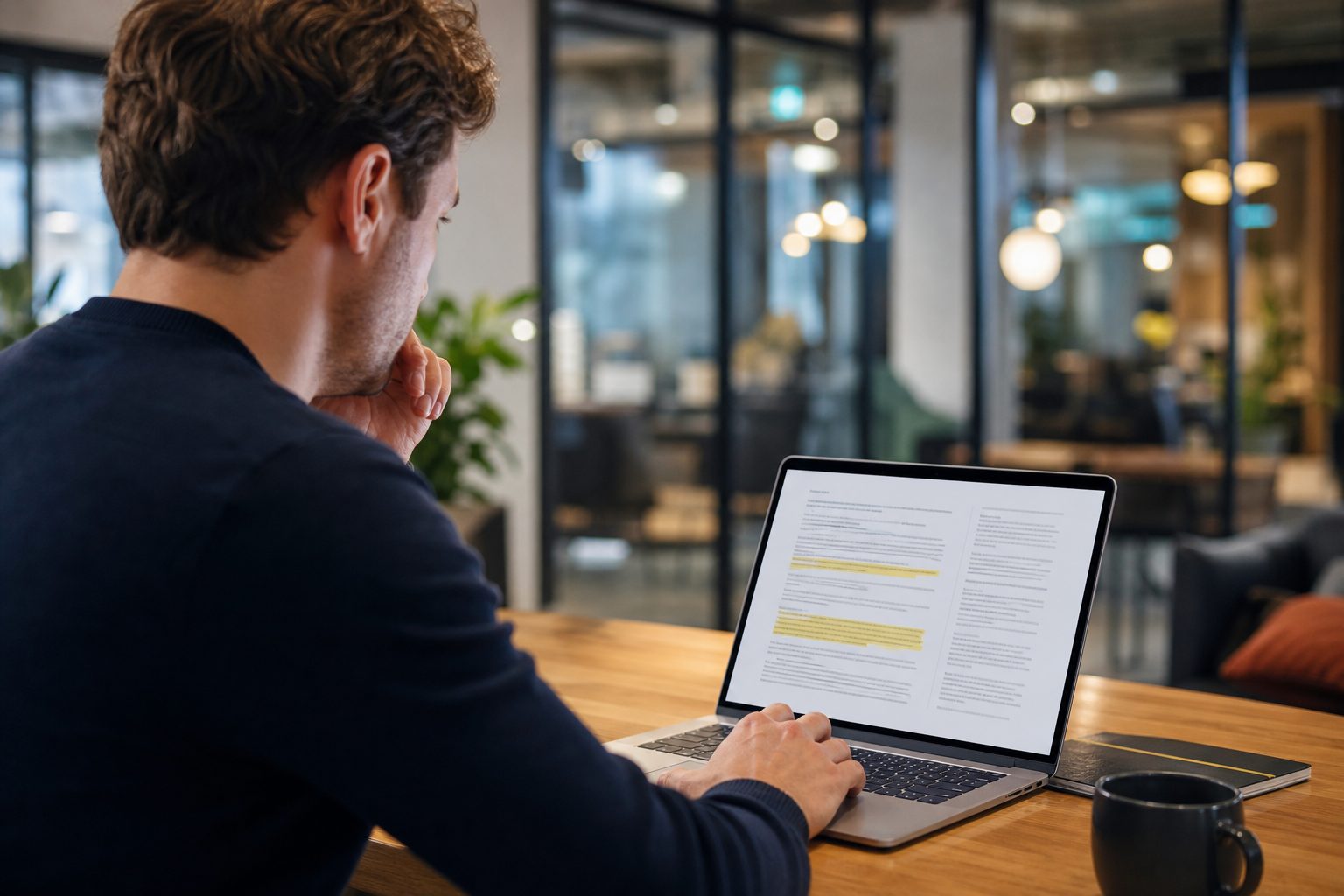 Founder reviewing a laptop screen showing a SaaS contract with highlighted clauses about data export and deletion