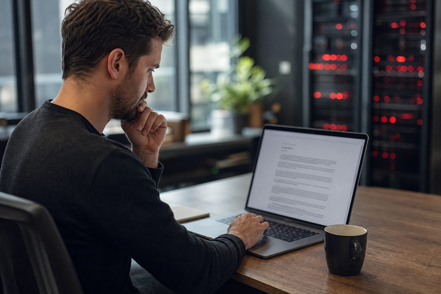 Founder at a laptop with coffee reviewing a contract on screen while a server rack blinks red in a blurred background under natural office