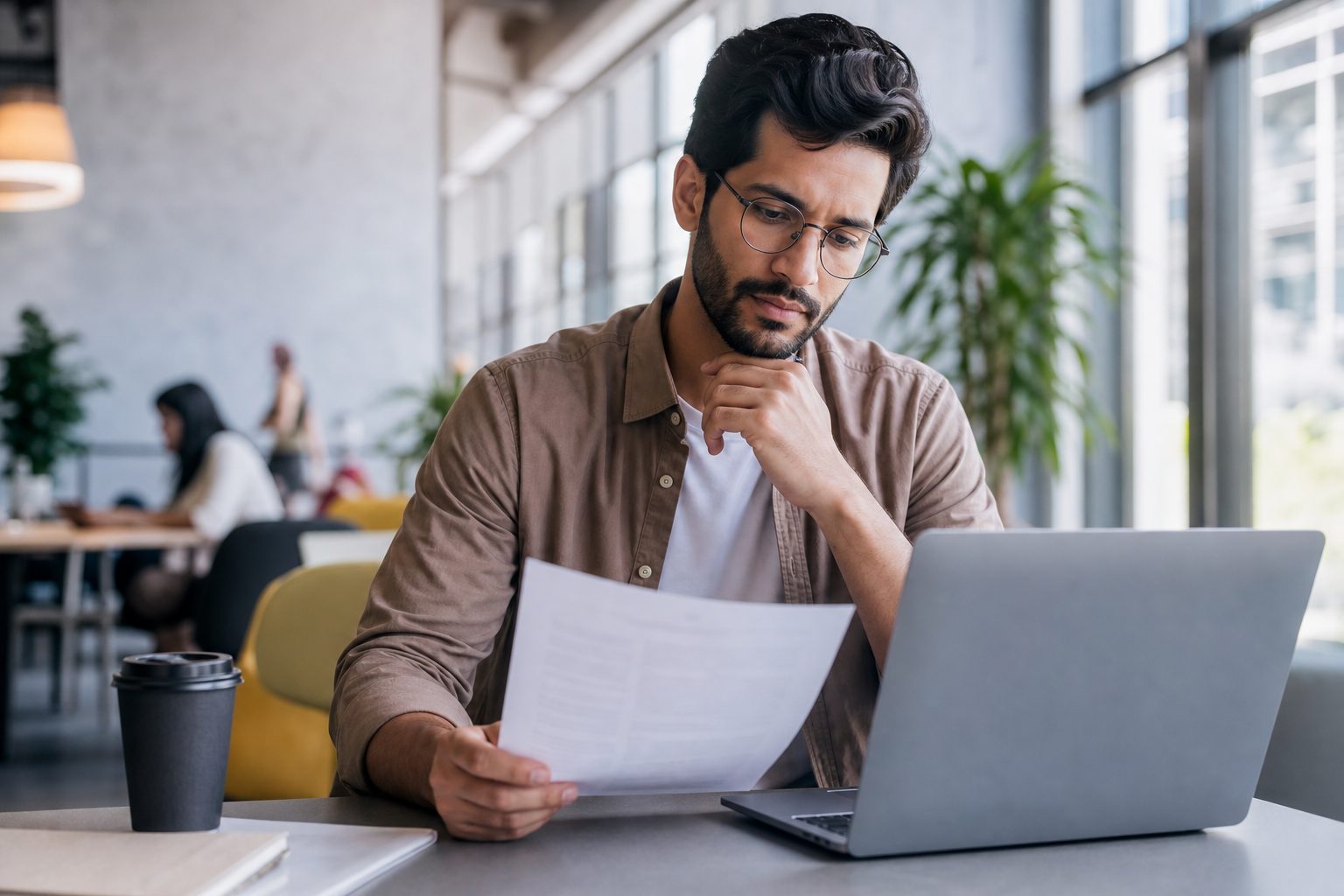 Founder reviewing a printed contract on a laptop screen in a modern coworking space with natural light and a coffee cup