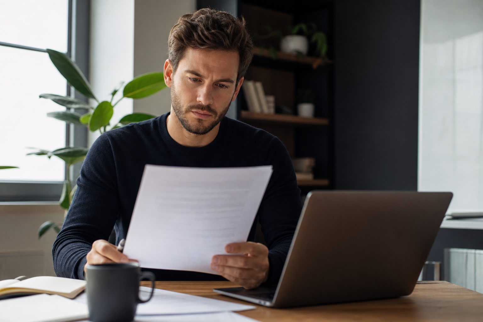 A startup founder reviewing a printed vendor contract at a desk with a laptop open, natural light, focused expression