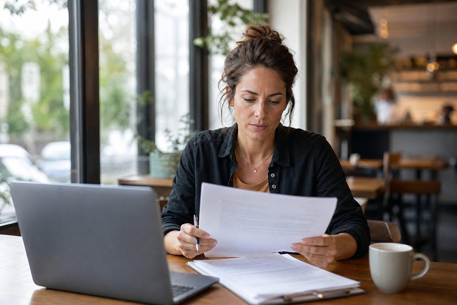 A small business owner reviewing a printed contract at a cafe table with a laptop open in natural light