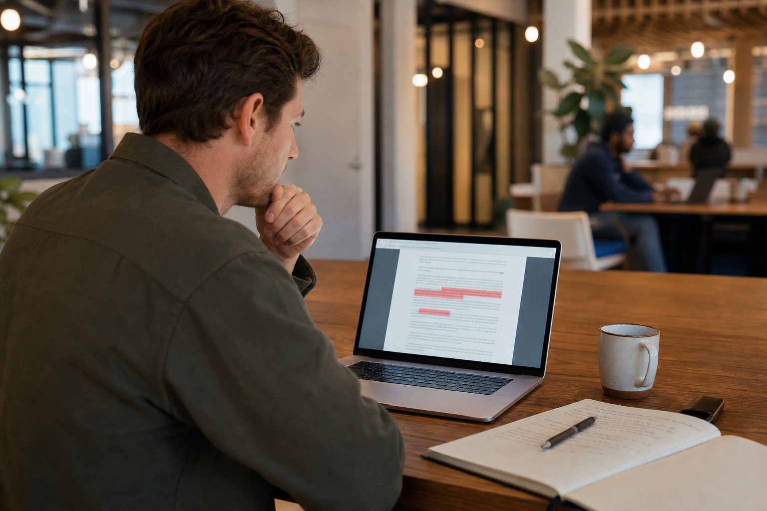 Founder reviewing a printed contract on a laptop screen with red highlights on a fee adjustment clause in a modern coworking space